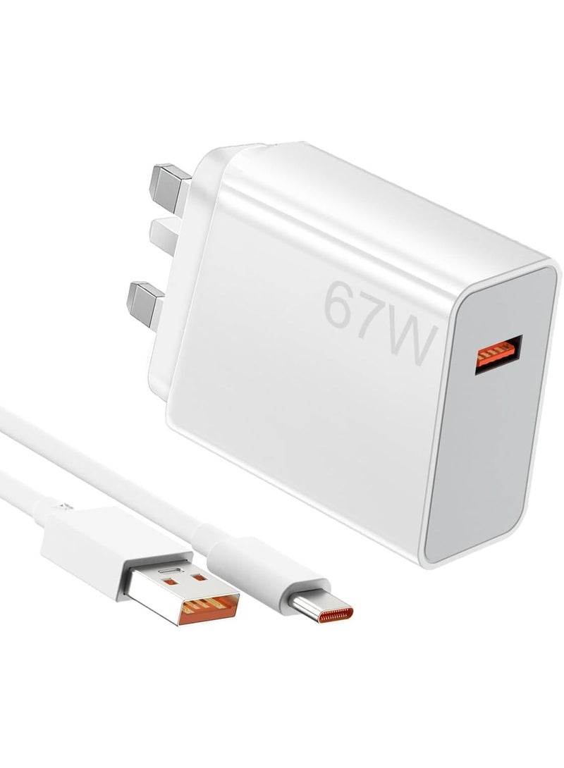 67W USB Plug Charger, USB Fast Charger Plug with USB C Charging Cable 1M,UK Charger Power Adapter Compatible with Xiao Mi 17/15/14/14T/13T/12X/11T/10/Pad 9/8/7/6/X7/X6 , Also Compatible with Redmi K90/K80/K70/K60/K50/Note 16/16Pro/15/14/13/12/11/10 Pro/9 and  Xiaomi POCO X9/X8/X7/X6 Pro/POCO M7/M6 Pro/POCO X5 Pro 5G/POCO F8/F7/F6/F5/F4 Gt, - Image 1
